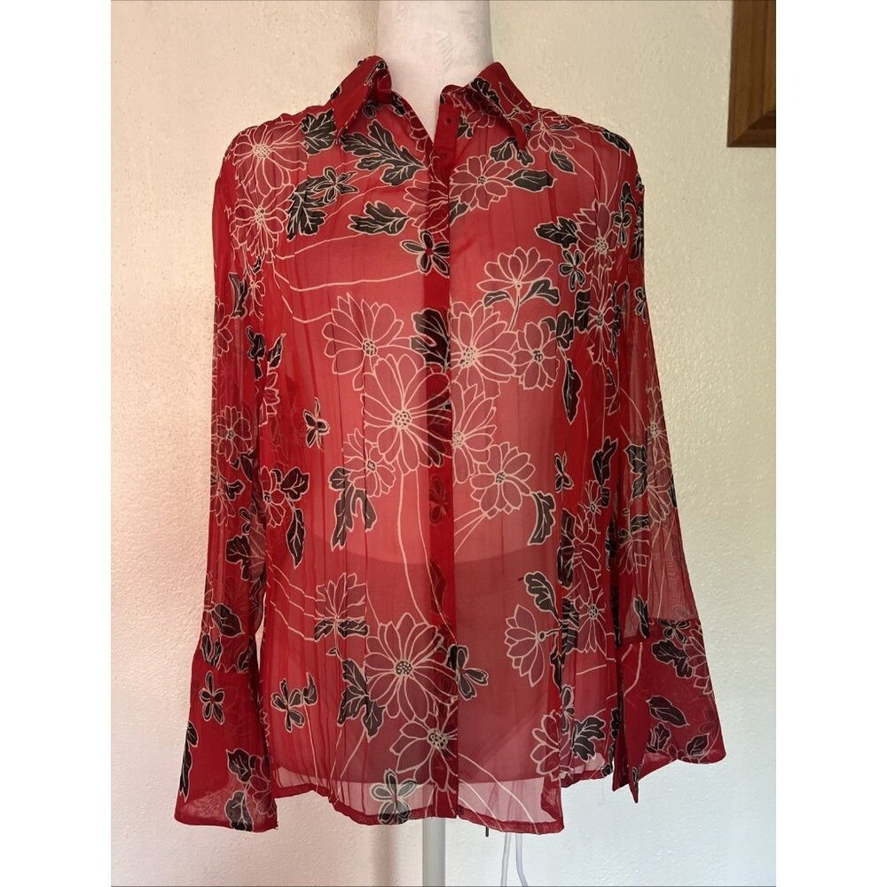 INC Vintage Red Mesh Floral Snap‎ Button Up Collared Blouse Size 12 bell sleeves